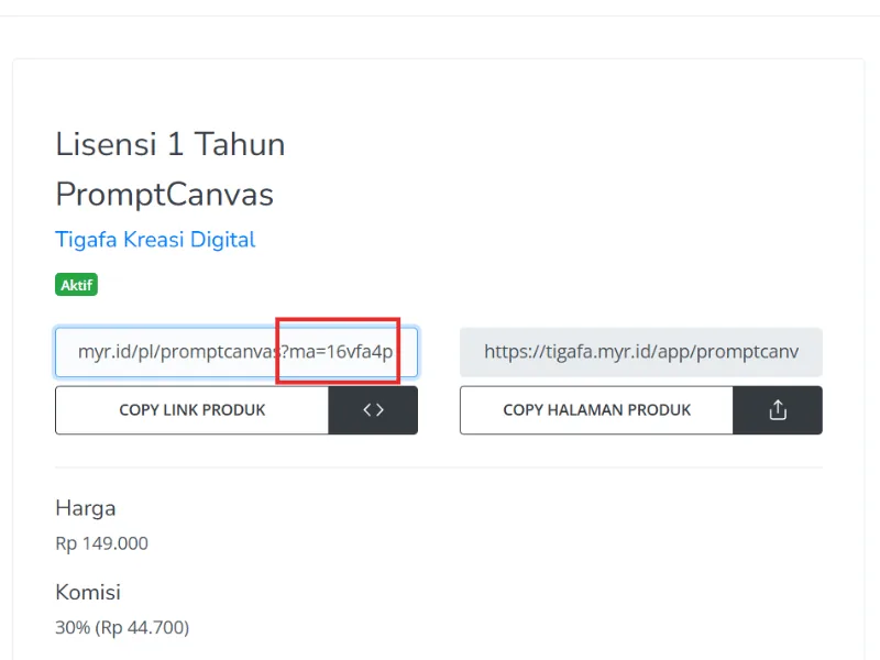 Dashboard affiliate Mayar dengan link unik